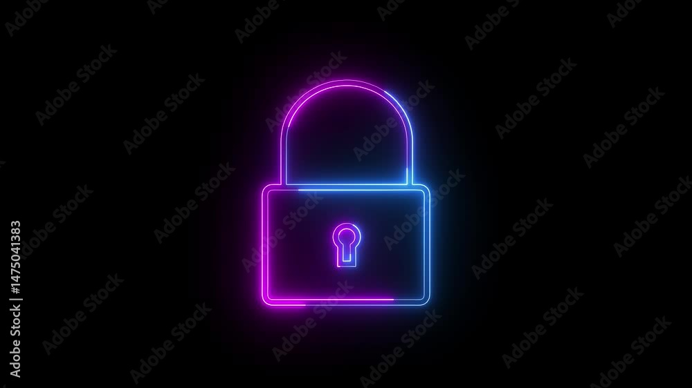 Glowing lock icon animation neon pink and blue color encryption security privacy protection sign symbol with black background Glowing lock icon animation neon pink and blue color encryption security privacy protection sign symbol with black background