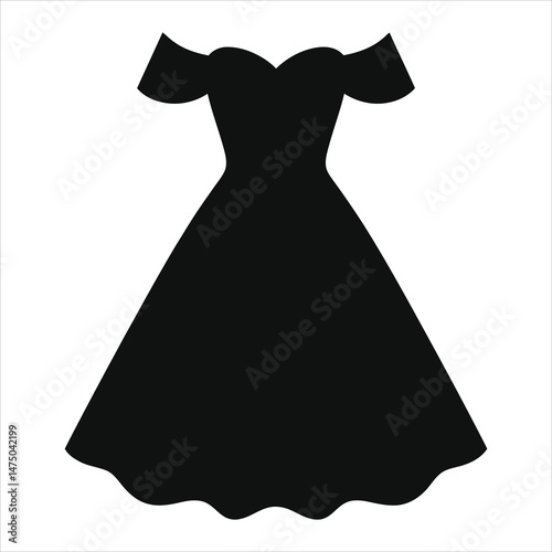Elegant Black Off-The-Shoulder Dress Vector Silhouette Against a White Background/A simple, stylish silhouette of a black dress with off-the-shoulder sleeves and a flared A-line skirt..