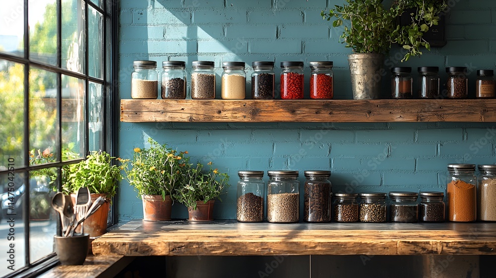 Obraz premium Sun-drenched spice rack in a rustic kitchen