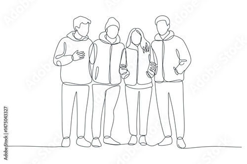 Continuous Line Drawing of Four Young Friends in Hoodies