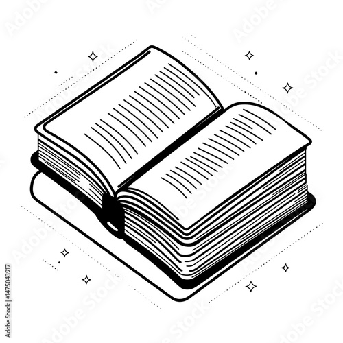 Isometric illustration of an open book symbolizing knowledge and education, copy space