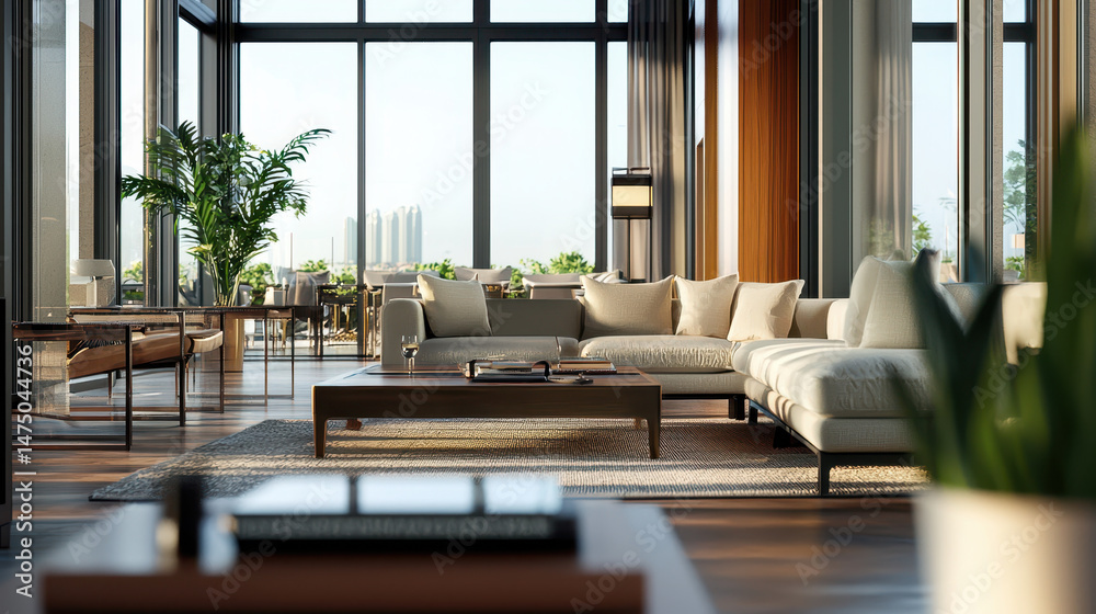 Fototapeta premium Cozy and sophisticated living room with large windows, modern furniture, and touch of greenery, creating serene atmosphere