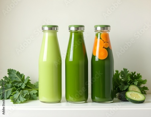 Three bottles of green juice with varying shades and ingredients. Healthy lifestyle concept. 3d rendering isolated on white background. Cartoon plastic style