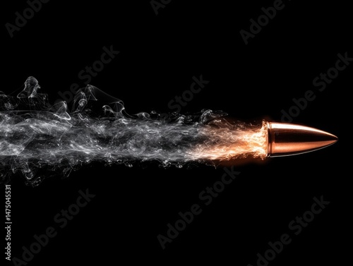 Flying Bullet with Smoke Trail on Black Background Close Up Studio Shot Weapon Projectile Speed