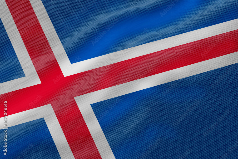 Fototapeta premium Detailed texture of Icelandic flag featuring blue field, red cross and white borders in motion