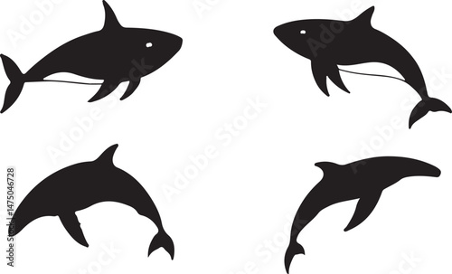 Silhouettes of four playful dolphins in various poses against a clean white background