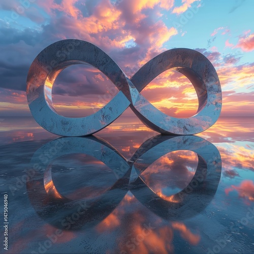 A surreal infinity symbol sculpted in sand with a mirror-like smoothness, surrounded by water, reflecting the vibrant colors of the horizon.