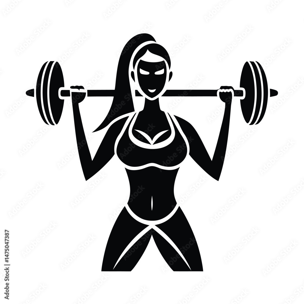 Obraz premium Black and white illustration of a strong female athlete lifting a barbell for fitness training