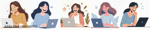 a woman laughing looking at laptop screen style vector flat design