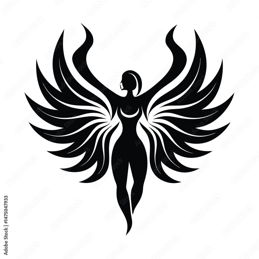 Fototapeta premium Elegant silhouette of a woman with large flowing wings representing freedom and power in black and white