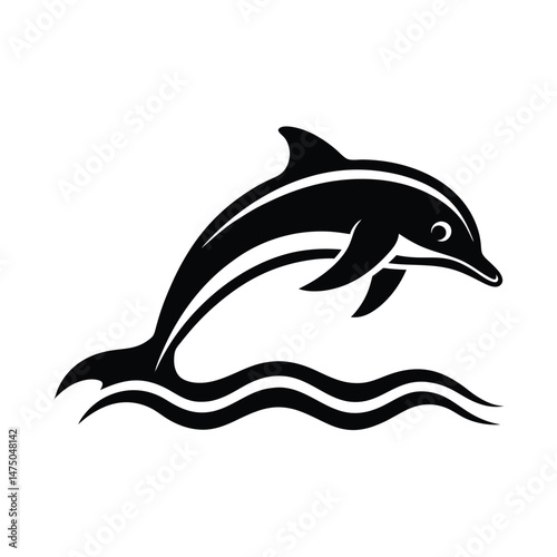 A graceful black and white silhouette of a leaping dolphin with wave elements on a pristine white background