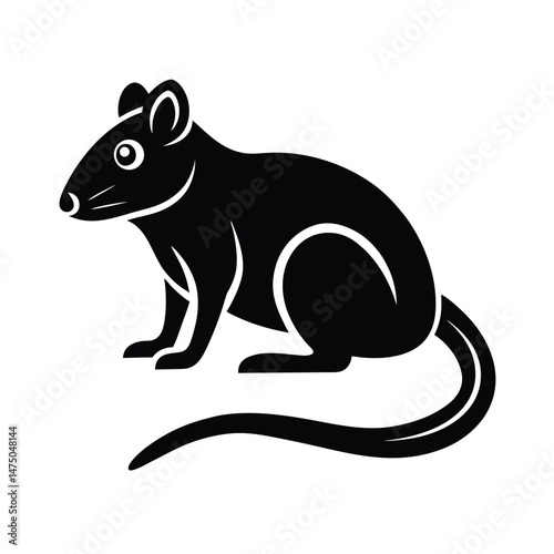 Black silhouette illustration of a rat or mouse posing sideways with detailed features and elegant lines on white background