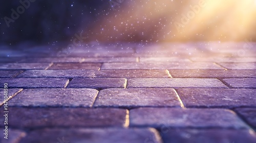 Purple and Blue Cobblestone Pavement at Night with Glowing Light and Shadows photo