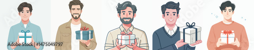 a man smiling while holding a gift style vector flat design
