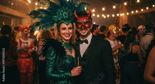 Festive masquerade ball with colorful costumes and joyful celebration atmosphere