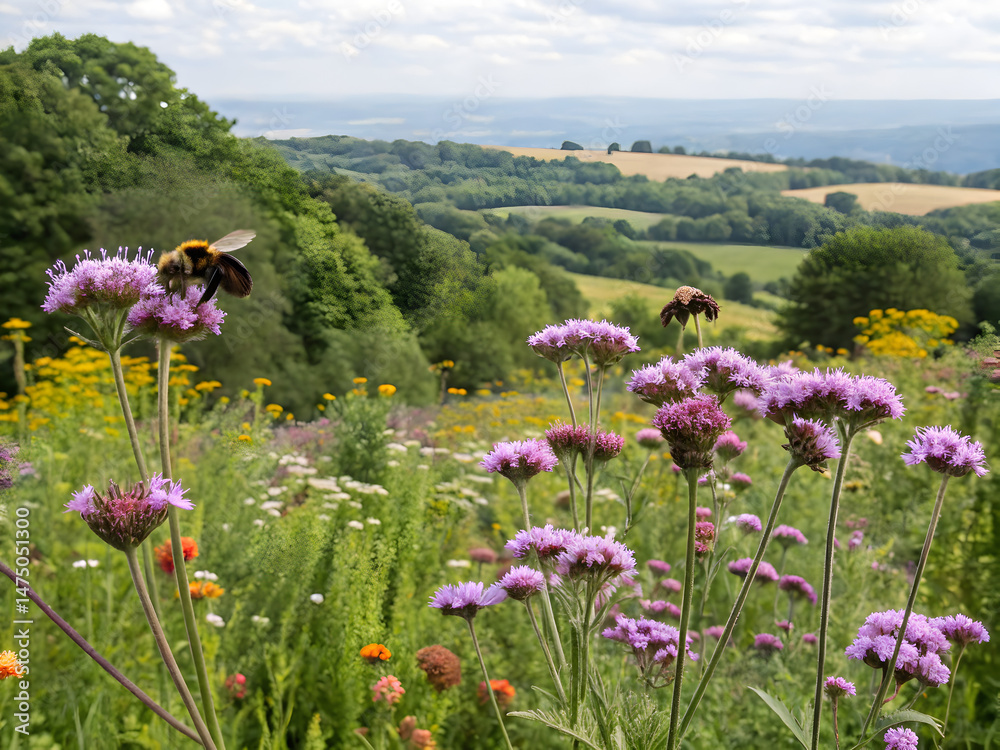Fototapeta premium Bee biodiversity Vibrant wildflowers with bees against a scenic countryside backdrop.