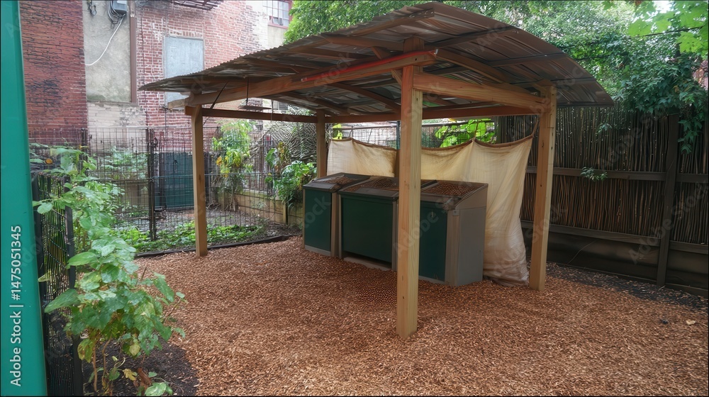 Wooden shelter over outdoor storage units in a garden setting. Wooden shelter over outdoor storage units in a garden setting.