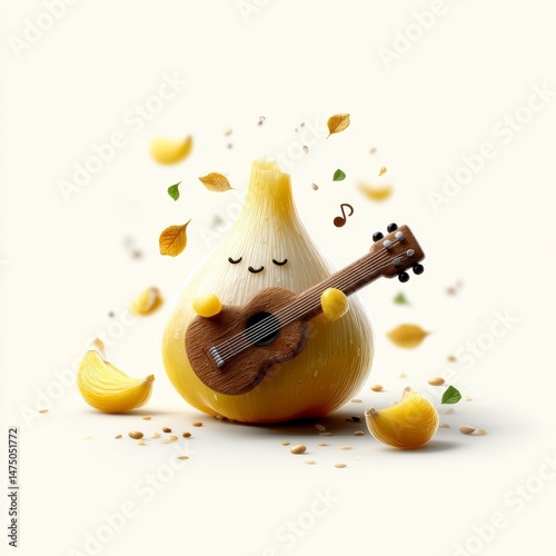 Garlic character playing guitar in a whimsical and textured illustration with vibrant details