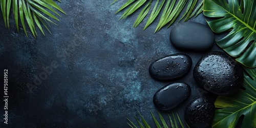 Relaxing spa arrangement with smooth black stones and green tropical leaves on dark textured background
