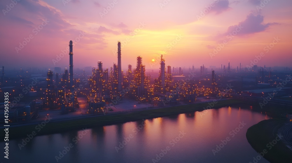 Fototapeta premium Industrial complex by a river at sunset.