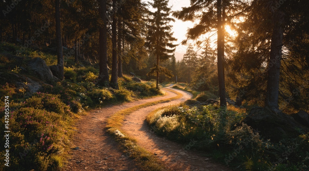 Fototapeta premium Winding path through a sun-drenched forest