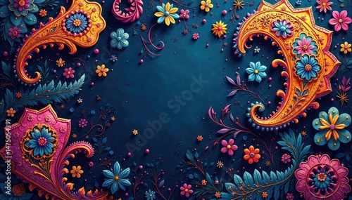 Intricate swirling paisley motifs in rich jewel tones , indian, motif, graphic