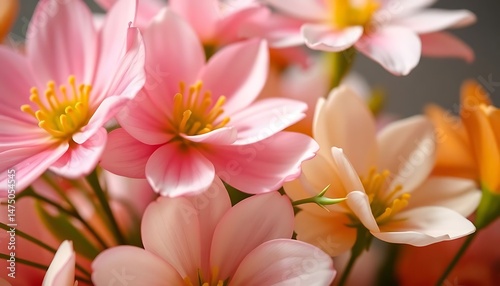 bunch of pink and yellow flowers in a vase