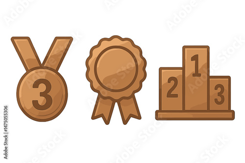 Bronze medal, ribbon, and podium icons on metallic background