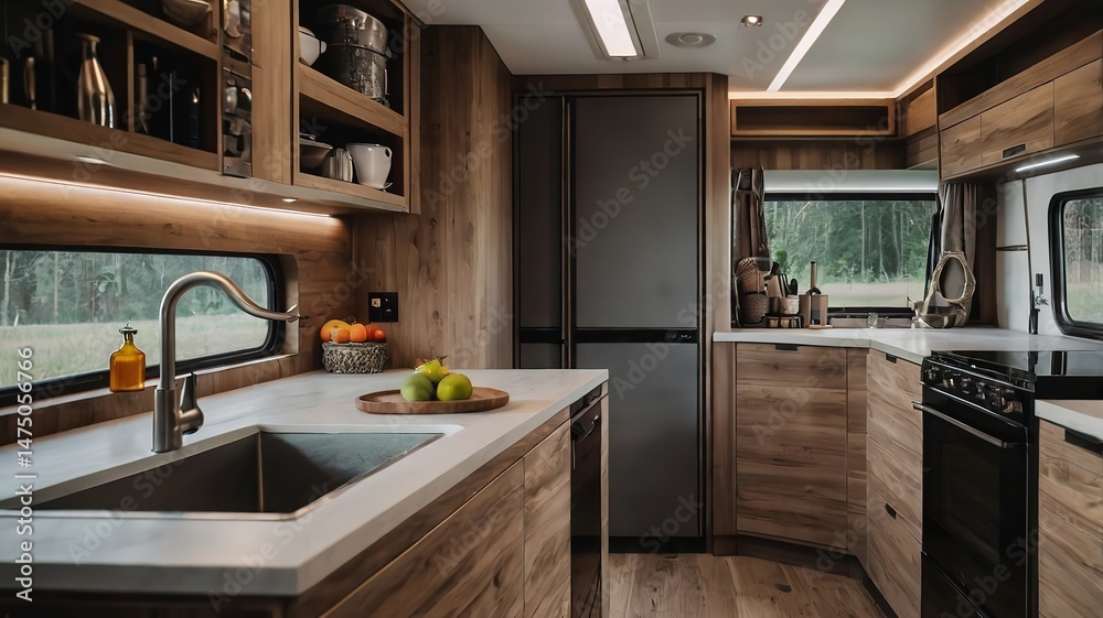 Fototapeta premium Stylish kitchen interior with different accessories and utensils in a modern trailer.