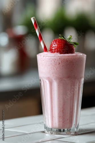 Refreshing strawberry protein shake in a glass with a straw