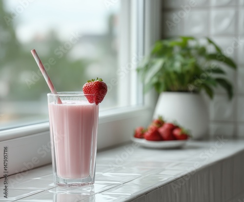 Refreshing strawberry protein shake on a cozy kitchen windowsill