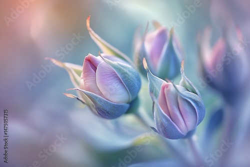 Close-up of pastel-colored rose buds in soft focus. Background softly blurred. Possible use as a nature-inspired aesthetic stock photo
