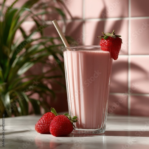 Refreshing protein shake with fresh strawberries in a bright setting