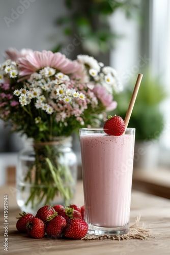 Refreshing protein shake with strawberries and flowers on display