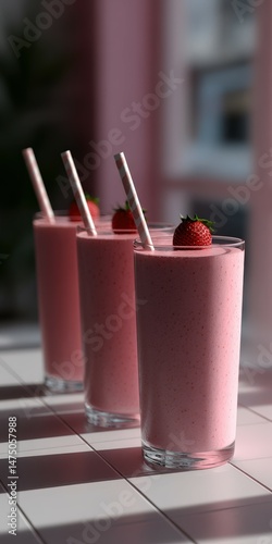 Delicious protein shakes with strawberries on a warm afternoon