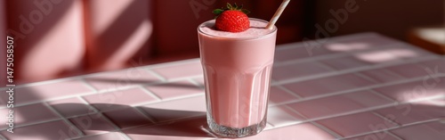 Delicious strawberry protein shake served in a glass on a pink table