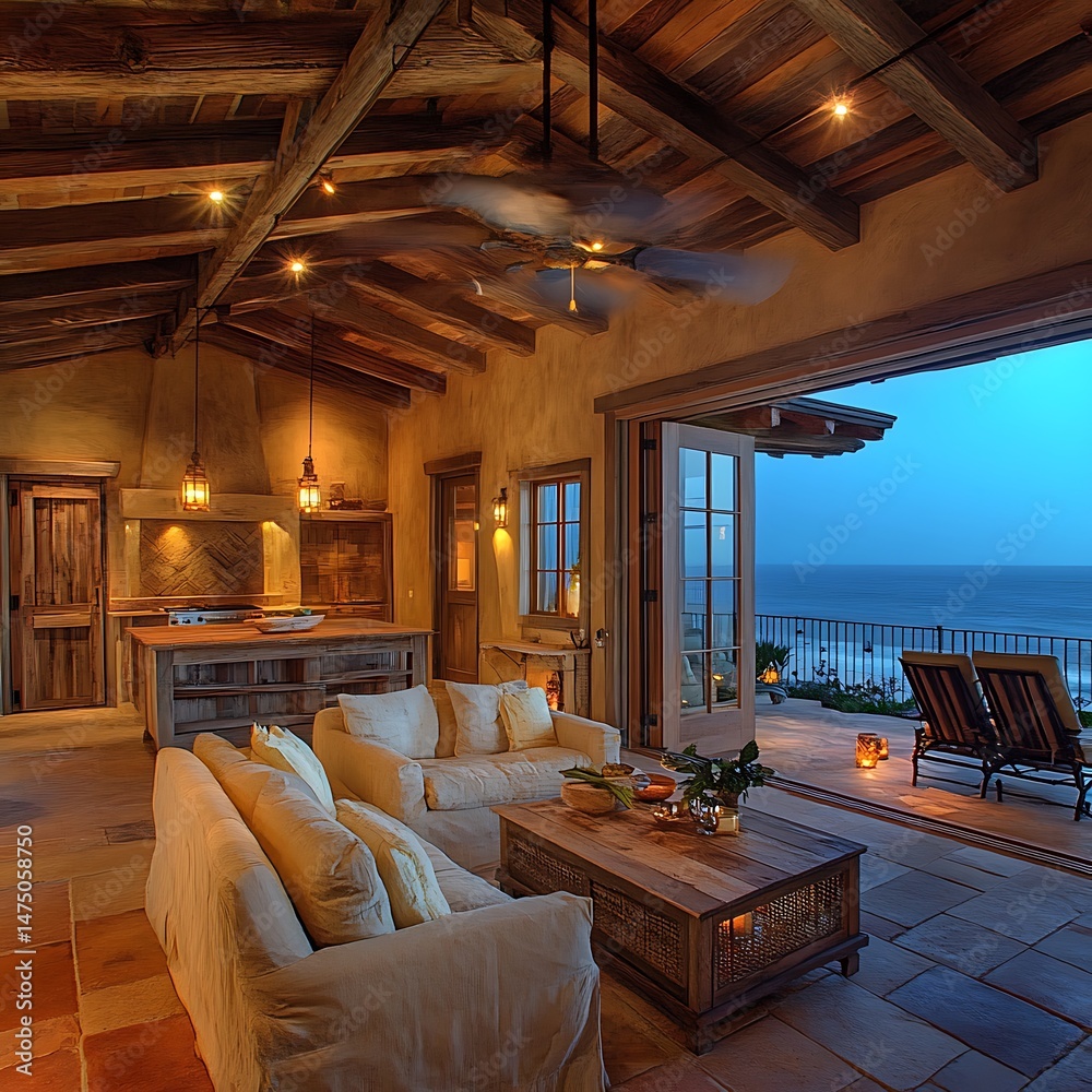 Fototapeta premium Cozy Ocean View From Rustic Interior With Dining Area high resolution picture