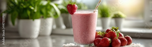 Delicious protein shake with fresh strawberries on a countertop
