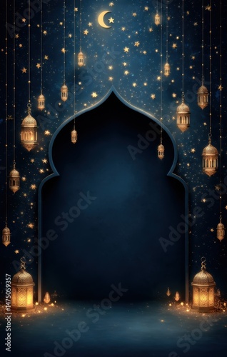 Elegant Night Sky with Lanterns and Crescent Moon Background Design