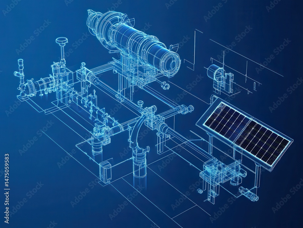 Technical schematic of a solar-powered precision irrigation system showing micro-valves and filtration modules in the context of advanced technology Technical schematic of a solar-powered precision irrigation system showing micro-valves and filtration modules in the context of advanced technology
