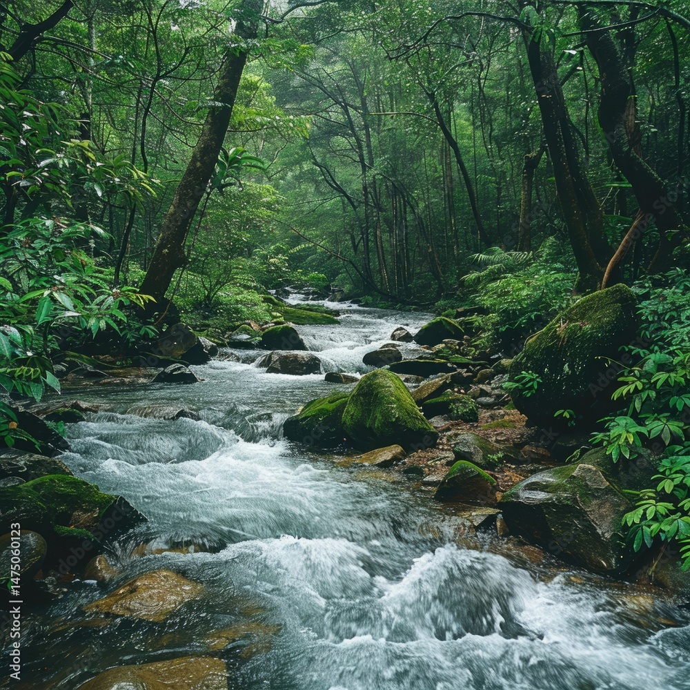 Obraz premium A tropical rainforest river with fast-flowing water, moss-covered rocks, and thick trees lining the banks.
