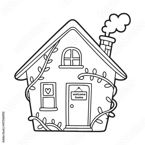 House Line art coloring page, outline cute cottage drawing, house vector art illustration design.