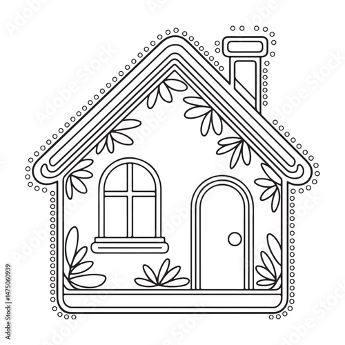 House Line art coloring page, outline cute cottage drawing, house vector art illustration design.