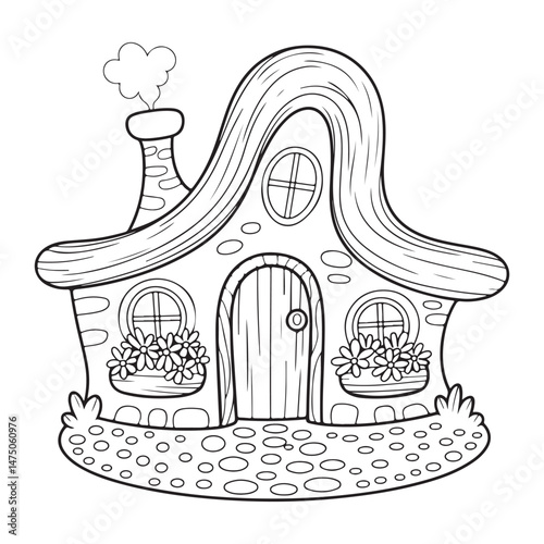 House Line art coloring page, outline cute cottage drawing, house vector art illustration design.