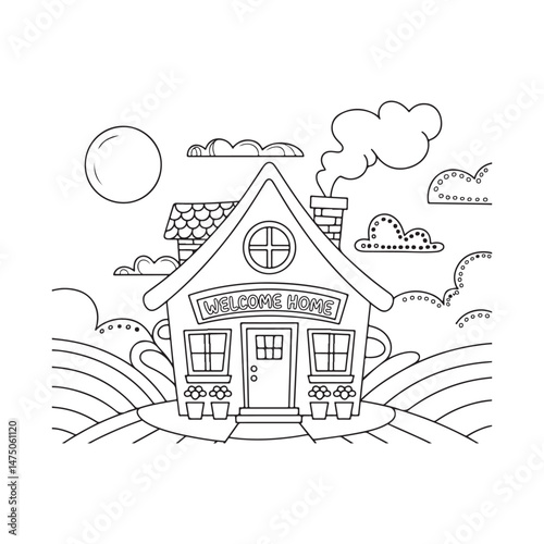 House Line art coloring page, outline cute cottage drawing, house vector art illustration design.