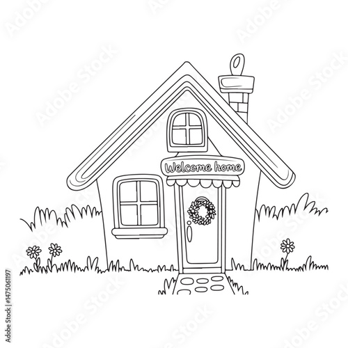 House Line art coloring page, outline cute cottage drawing, house vector art illustration design.