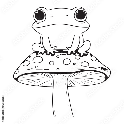 Vintage Frog on mushroom outline coloring page, line cute toad drawing, funny engraved frog vector art illustration design