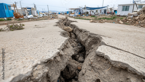 A deep, jagged crack splits the ground after an earthquake, tearing through land and roads. Scattered debris surrounds the fissure under a moody grey sky, evoking destruction and raw natural power. photo