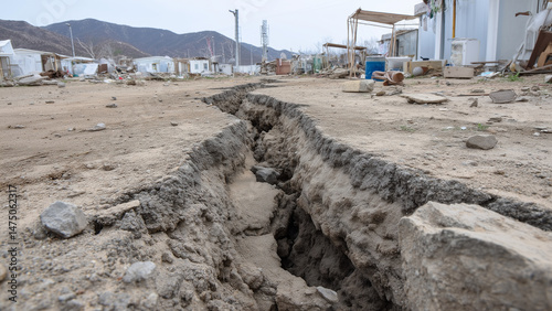 A deep, jagged crack splits the ground after an earthquake, tearing through land and roads. Scattered debris surrounds the fissure under a moody grey sky, evoking destruction and raw natural power. photo