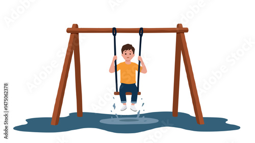 Boy swinging joyfully on a swing set over water  